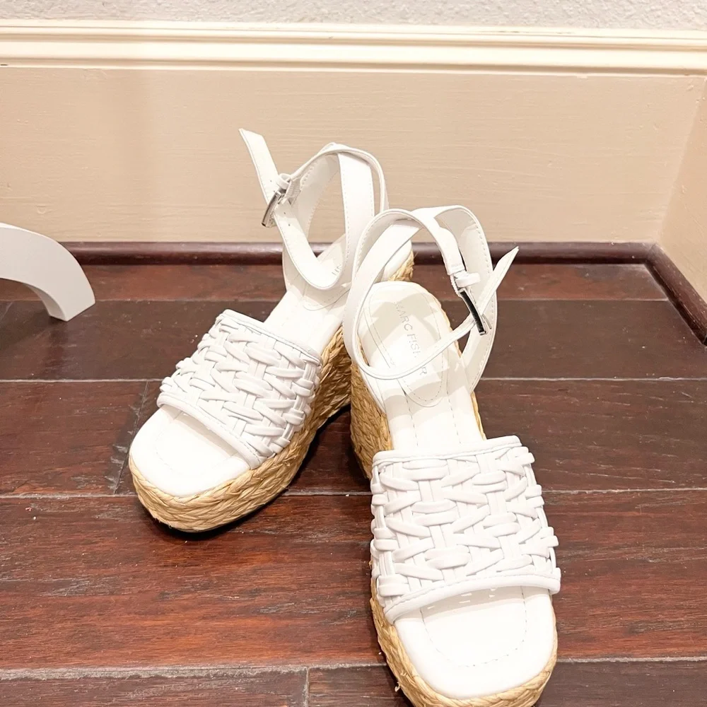 Marc Fisher White Woven Leather Espadrille Wedge Sandals